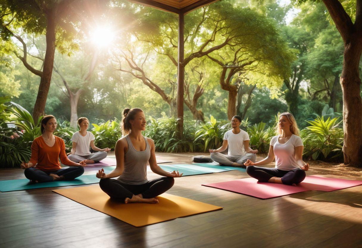 A warm and inviting scene that depicts a diverse group of people engaging in various activities that promote mental wellness, such as yoga, meditation, and laughter therapy. The background should feature a serene landscape with soft sunlight filtering through trees, symbolizing hope and cheerfulness. Incorporate elements like books, plants, and colorful art, reflecting integrated solutions in mental health care. This scene conveys happiness and connection, inviting the viewer to embrace a cheerful life. vibrant colors. super-realistic.