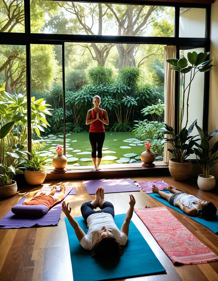 A serene healing environment with a diverse group of patients engaging in holistic therapies like yoga and meditation, surrounded by lush greenery and soft sunlight. Include wellness symbols like lotus flowers, essential oils, and comforting elements such as cozy blankets and soothing candles. The atmosphere should radiate tranquility and support, emphasizing community and personal growth. vibrant colors. super-realistic.